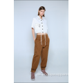 LADIES WHITE CROPPED BLOUSE MIT KURZEN ÄRMELN